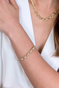 Online Zinzi zilveren gourmet armband 14K geel verguld grove ovale schakels bicolor witte zirconia ZIA2203Y