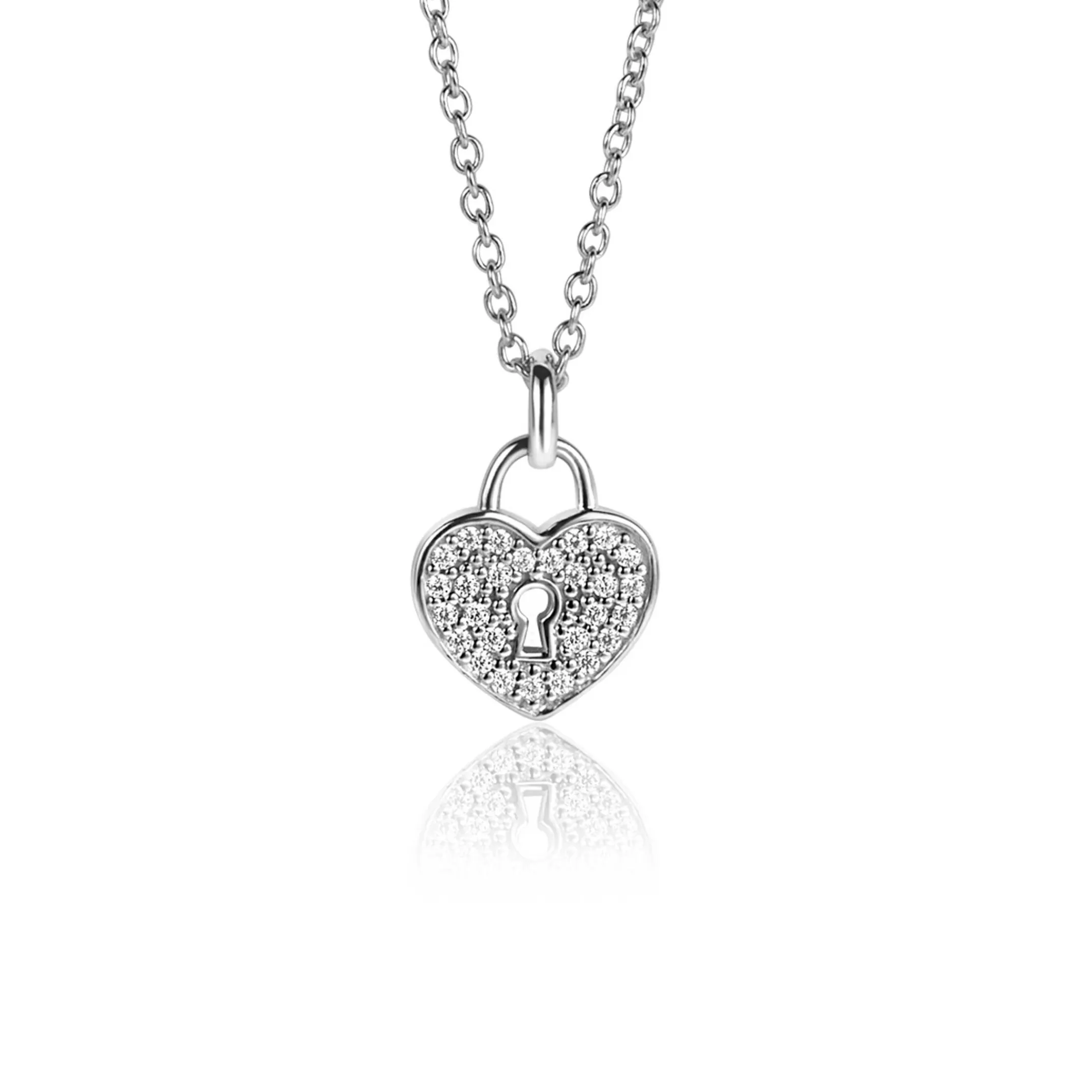 Zinzi zilveren hart hanger (15mm), met trendy sleutelgat en bezet met witte zirconia's ZIH2400 (zonder collier)