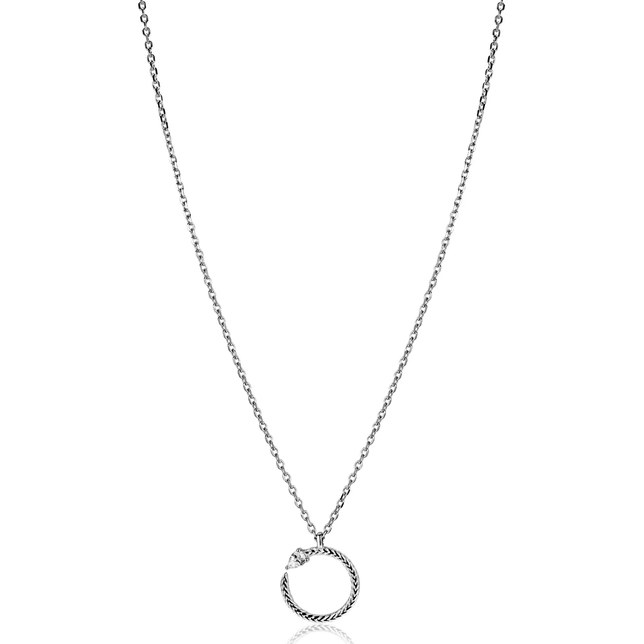 Hot Zinzi zilveren ketting 42–45cm met ronde slang-hanger (15mm), bezet met peervormige witte zirkonia ZIC2722