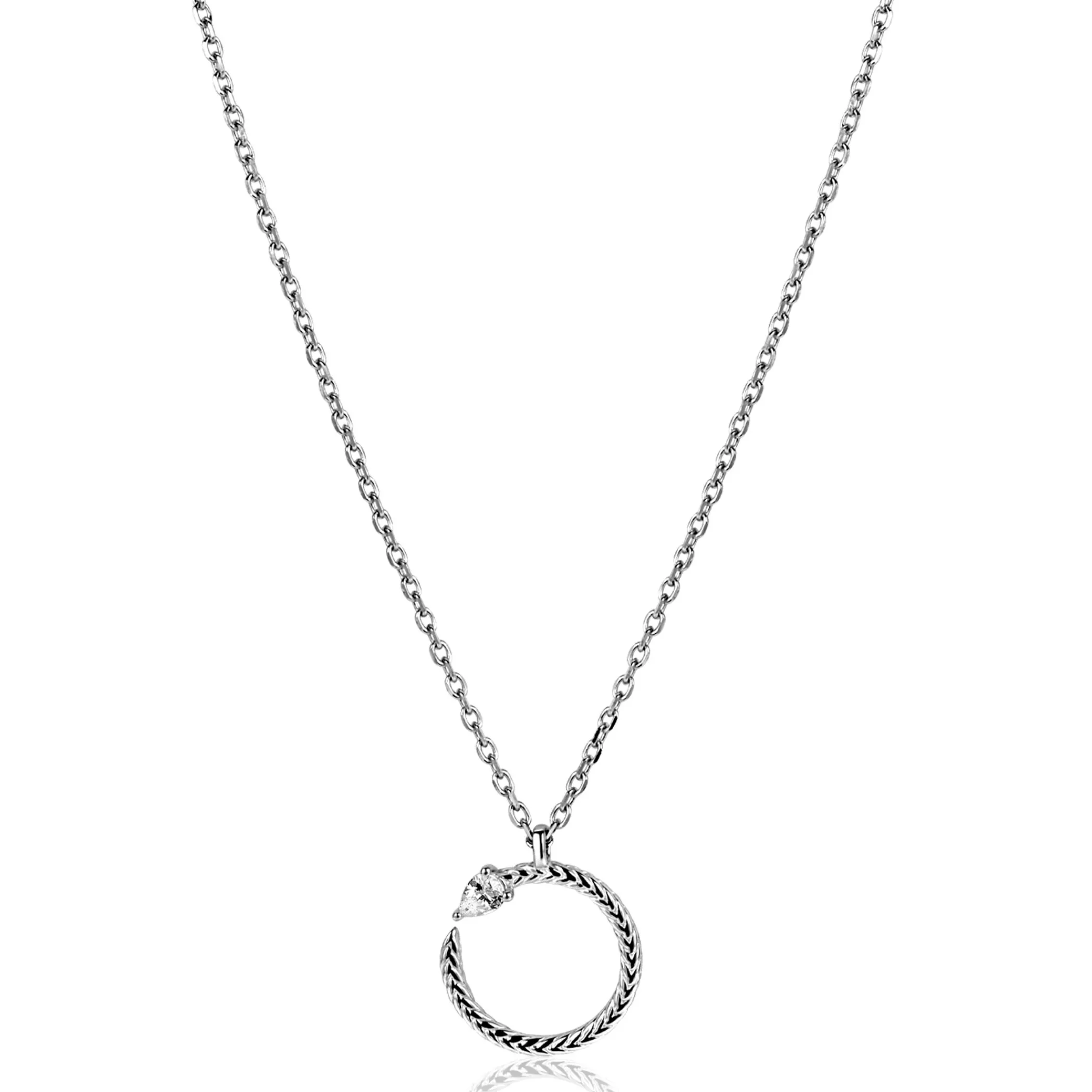Hot Zinzi zilveren ketting 42–45cm met ronde slang-hanger (15mm), bezet met peervormige witte zirkonia ZIC2722