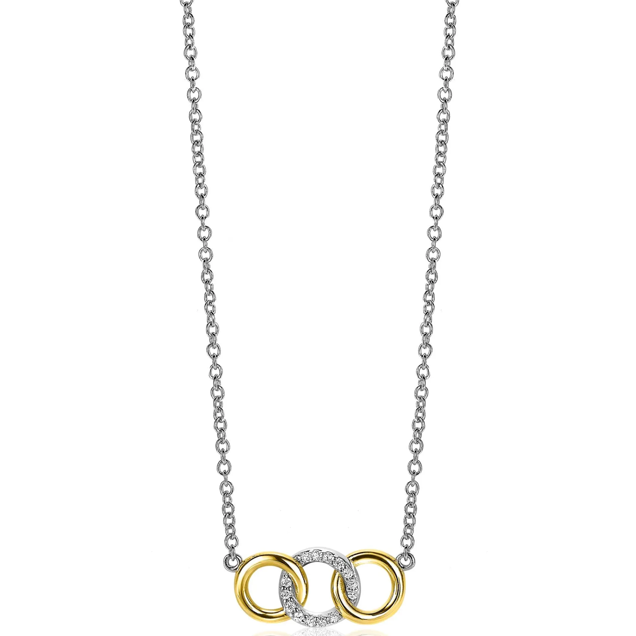 Outlet Zinzi zilveren ketting 45cm geel verguld met 3 open rondjes verbonden wit ZIC2045Y