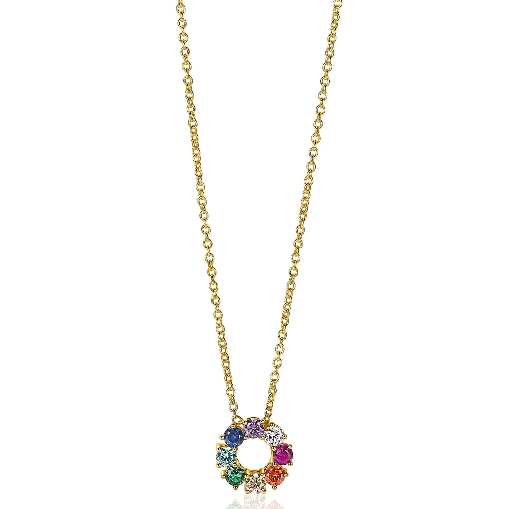 Hot Zinzi zilveren ketting 14K geel verguld 12mm ronde hanger regenboog ZIC2172
