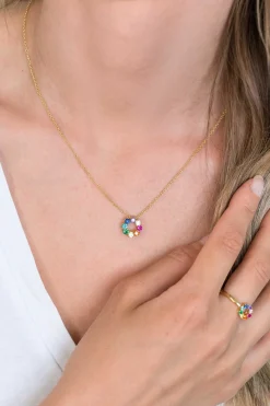 Hot Zinzi zilveren ketting 14K geel verguld 12mm ronde hanger regenboog ZIC2172