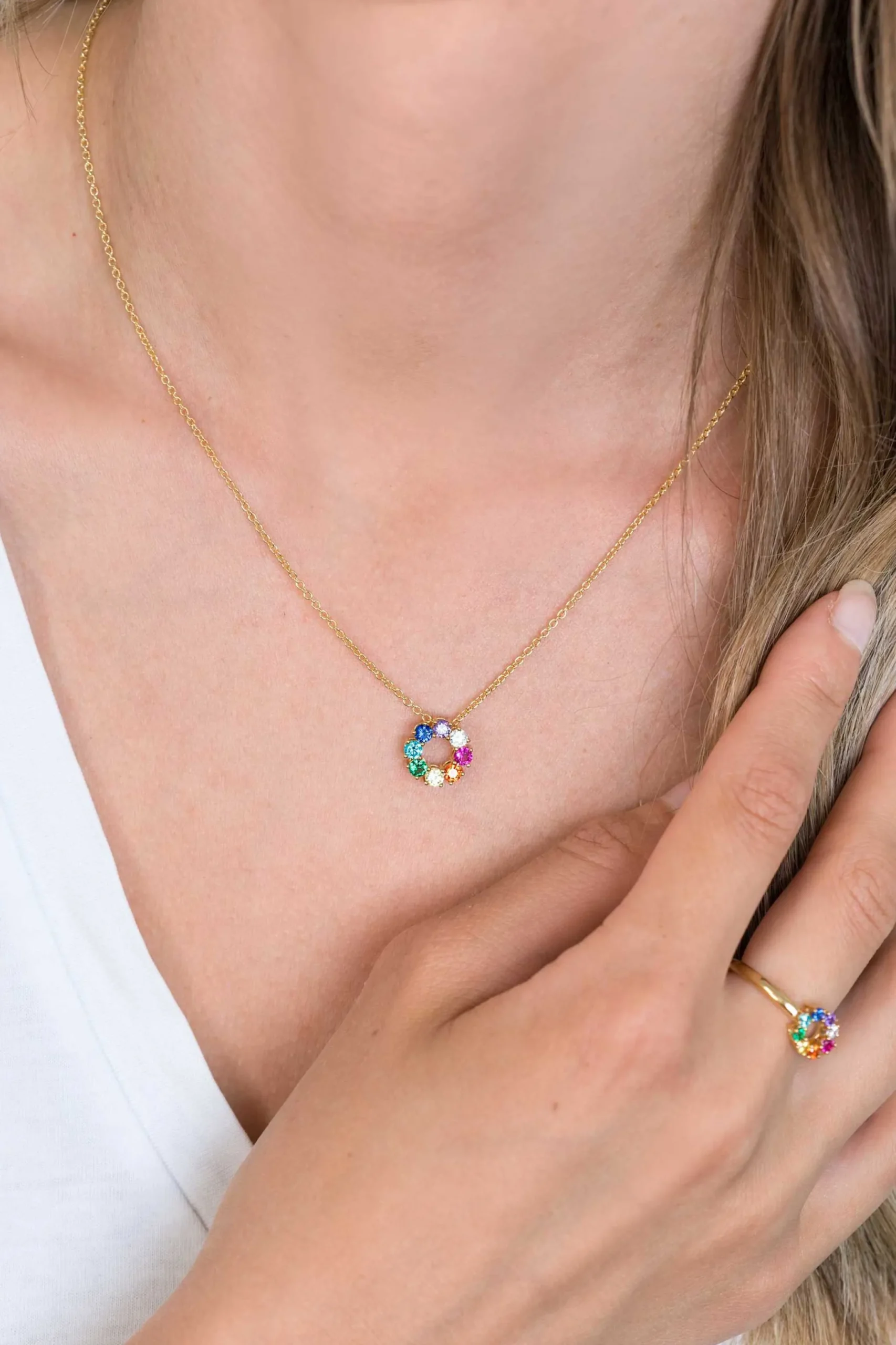 Hot Zinzi zilveren ketting 14K geel verguld 12mm ronde hanger regenboog ZIC2172