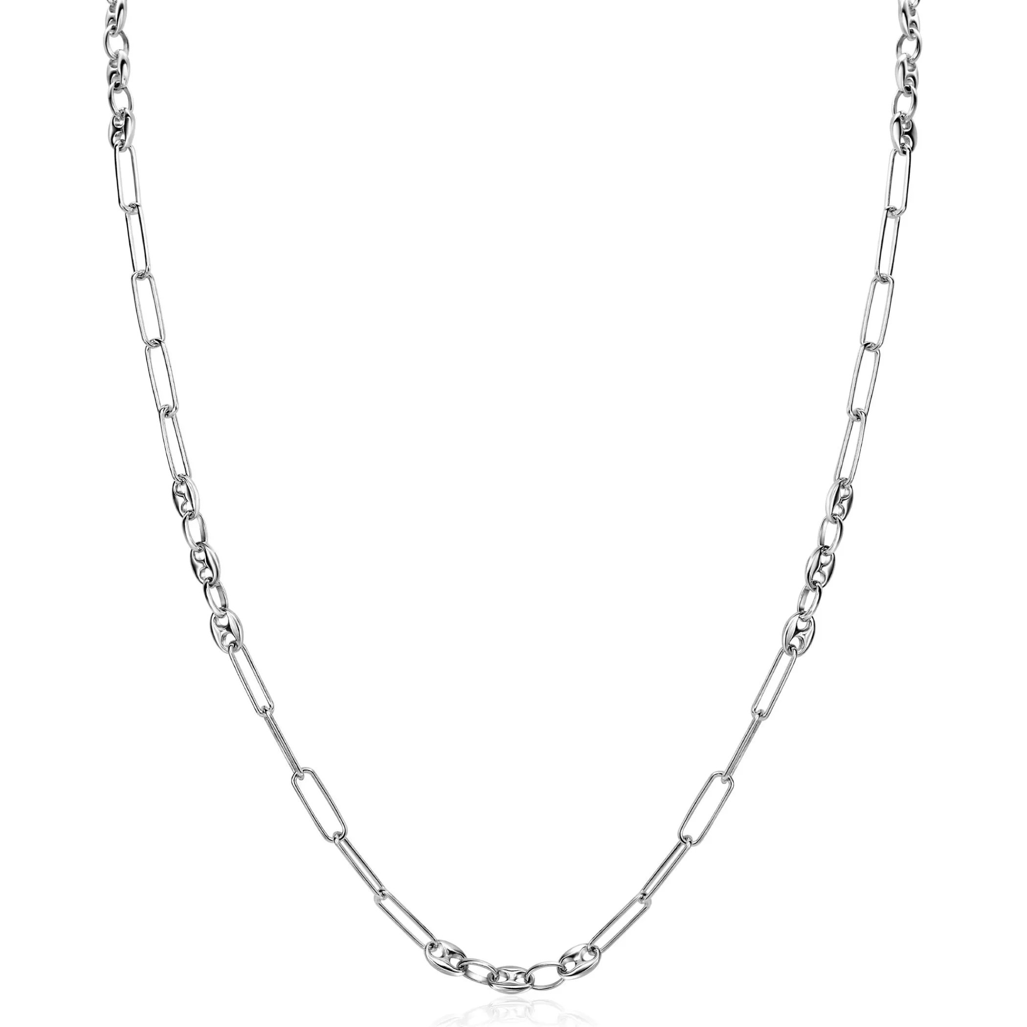 Outlet Zinzi zilveren koffieboon schakelketting 45cm, gecombineerd met lange ovale schakels ZIC2467