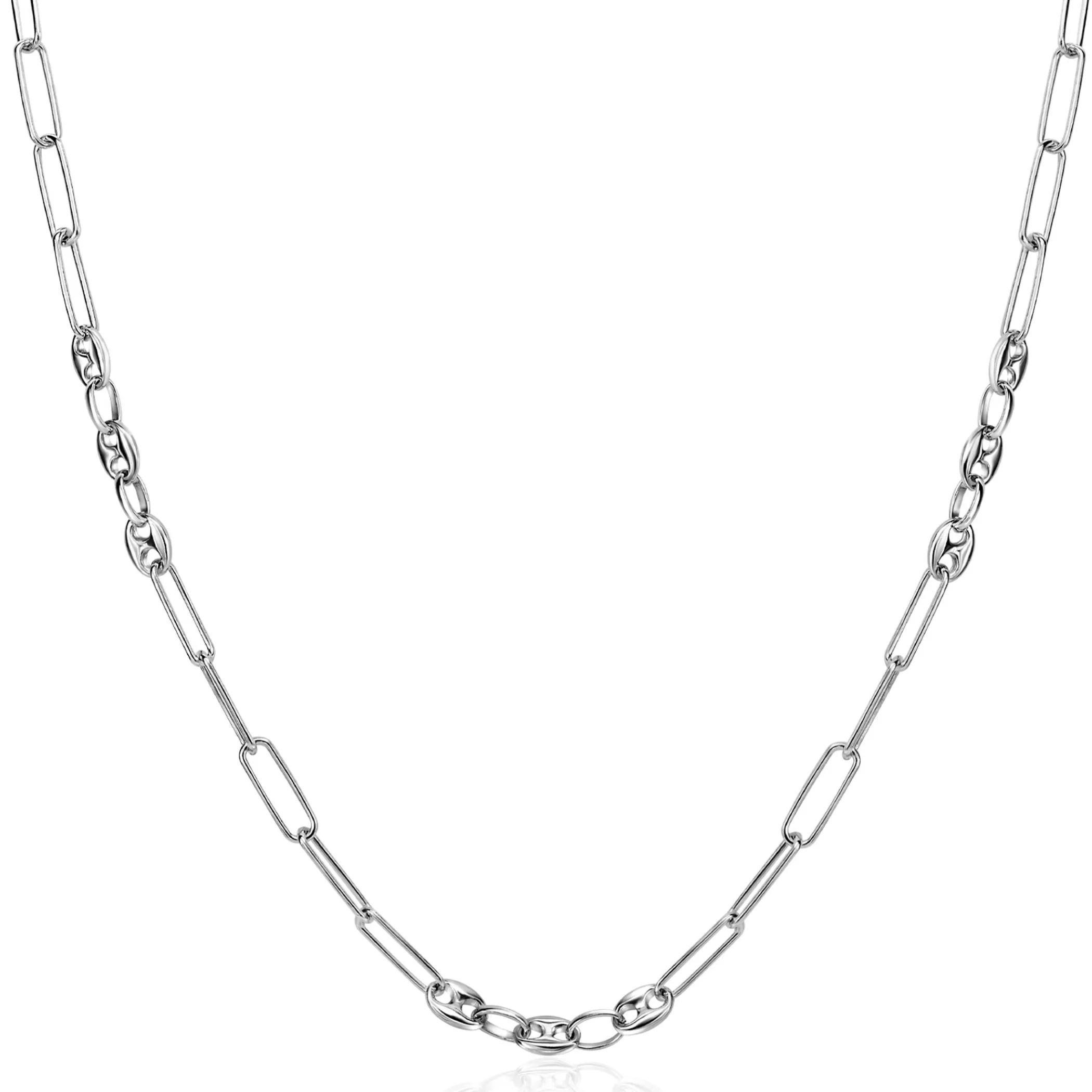 Outlet Zinzi zilveren koffieboon schakelketting 45cm, gecombineerd met lange ovale schakels ZIC2467