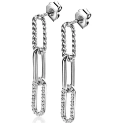 Best Zinzi zilveren lange oorsieraden 30mm met drie paperclip schakels, glad bewerkt witte zirconia's ZIO2330