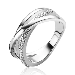 New Zinzi zilveren luxe cross-over ring glad met witte zirconia's ZIR1774