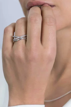 Online Zinzi zilveren luxe cross-over ring bolletjes glad witte zirconia's ZIR2141