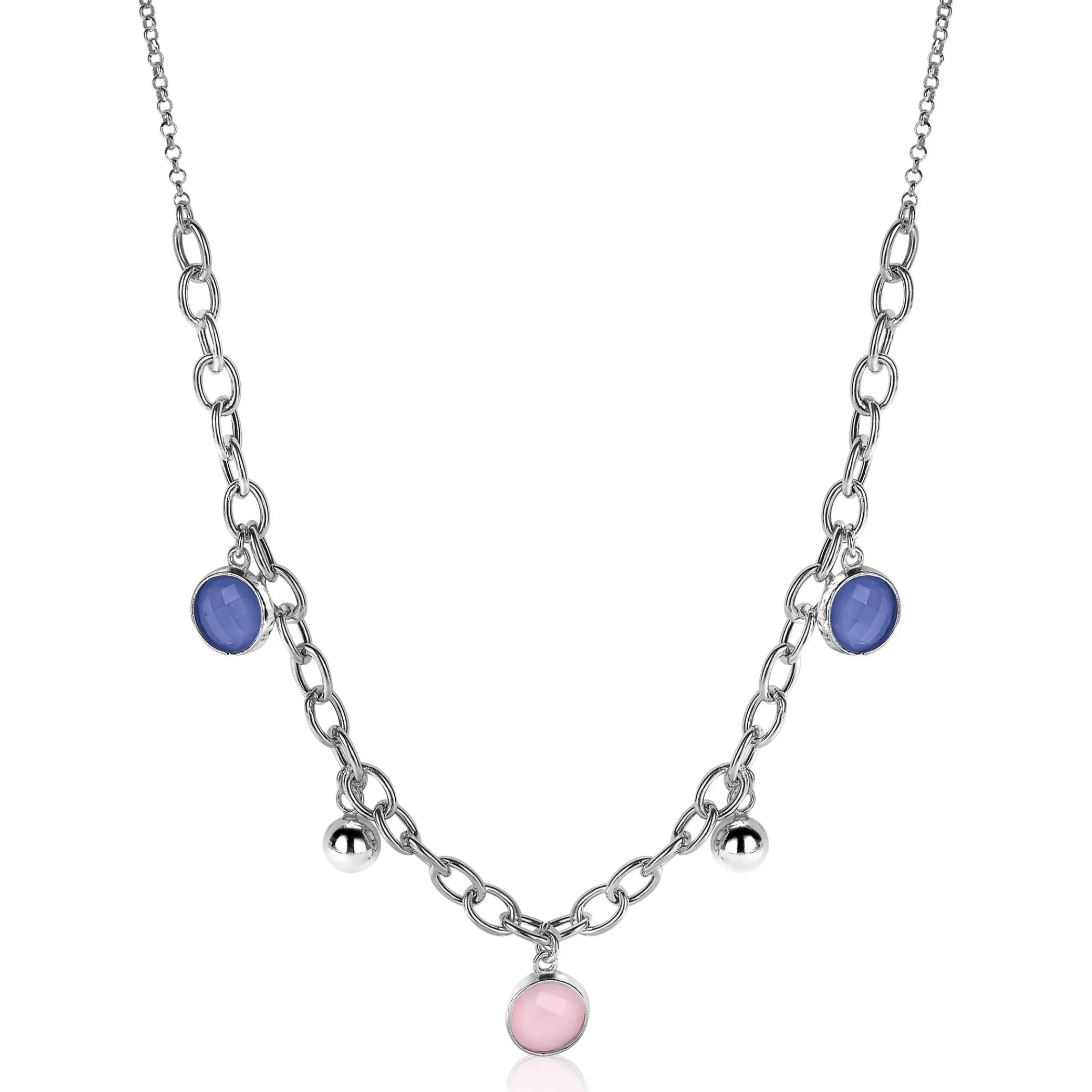 Clearance Zinzi zilveren luxe jasseron ketting 45cm met bolletjes en bedels rond in roze en blauw ZIC2005