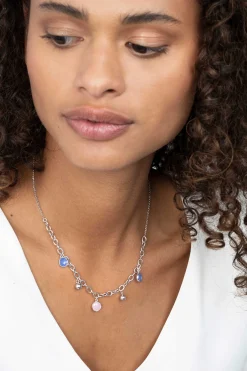 Clearance Zinzi zilveren luxe jasseron ketting 45cm met bolletjes en bedels rond in roze en blauw ZIC2005