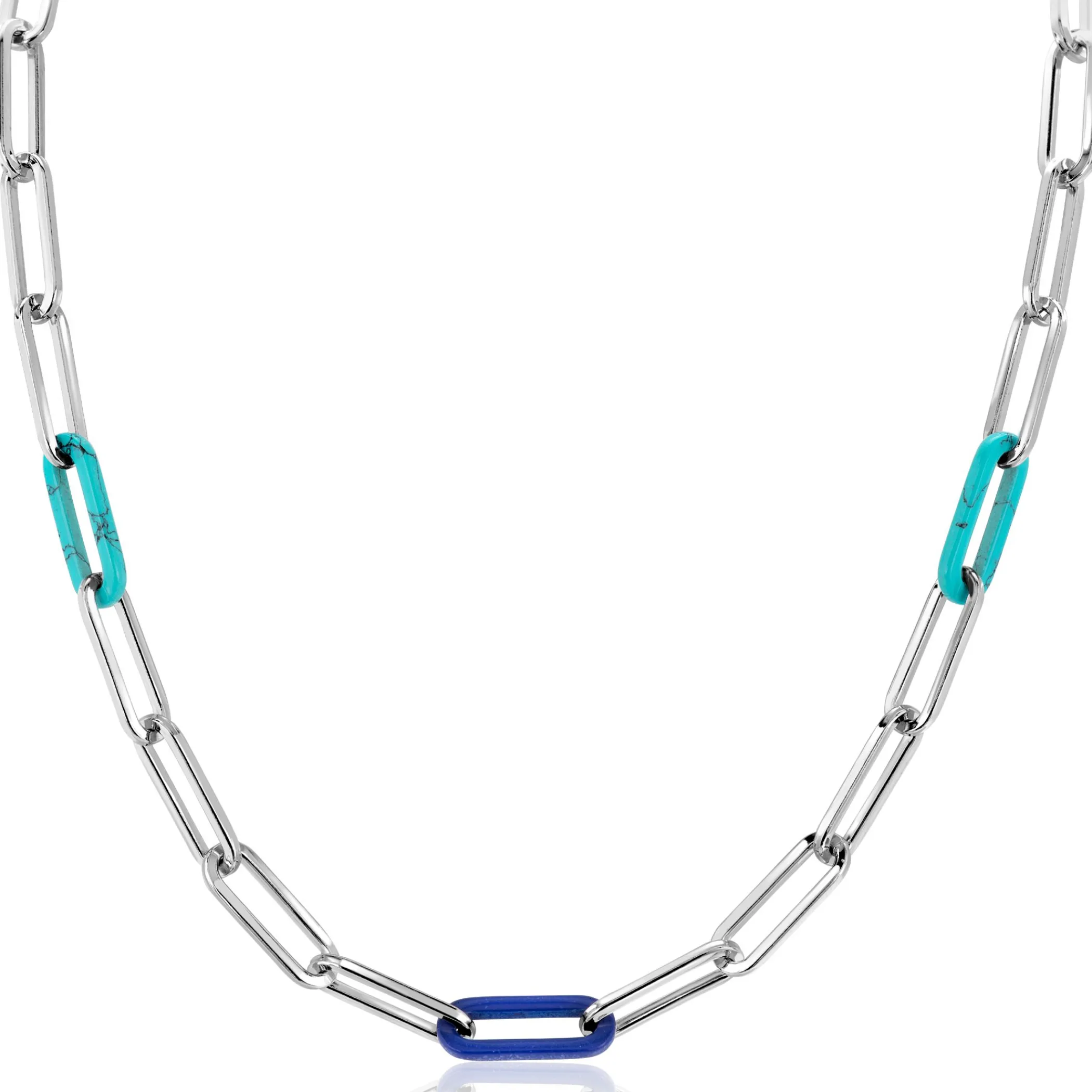 Hot Zinzi zilveren luxe ketting 45cm met paperclip-schakels en trendy schakels in turquoise en lapisblauw ZIC2456