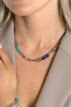 Hot Zinzi zilveren luxe ketting 45cm met paperclip-schakels en trendy schakels in turquoise en lapisblauw ZIC2456