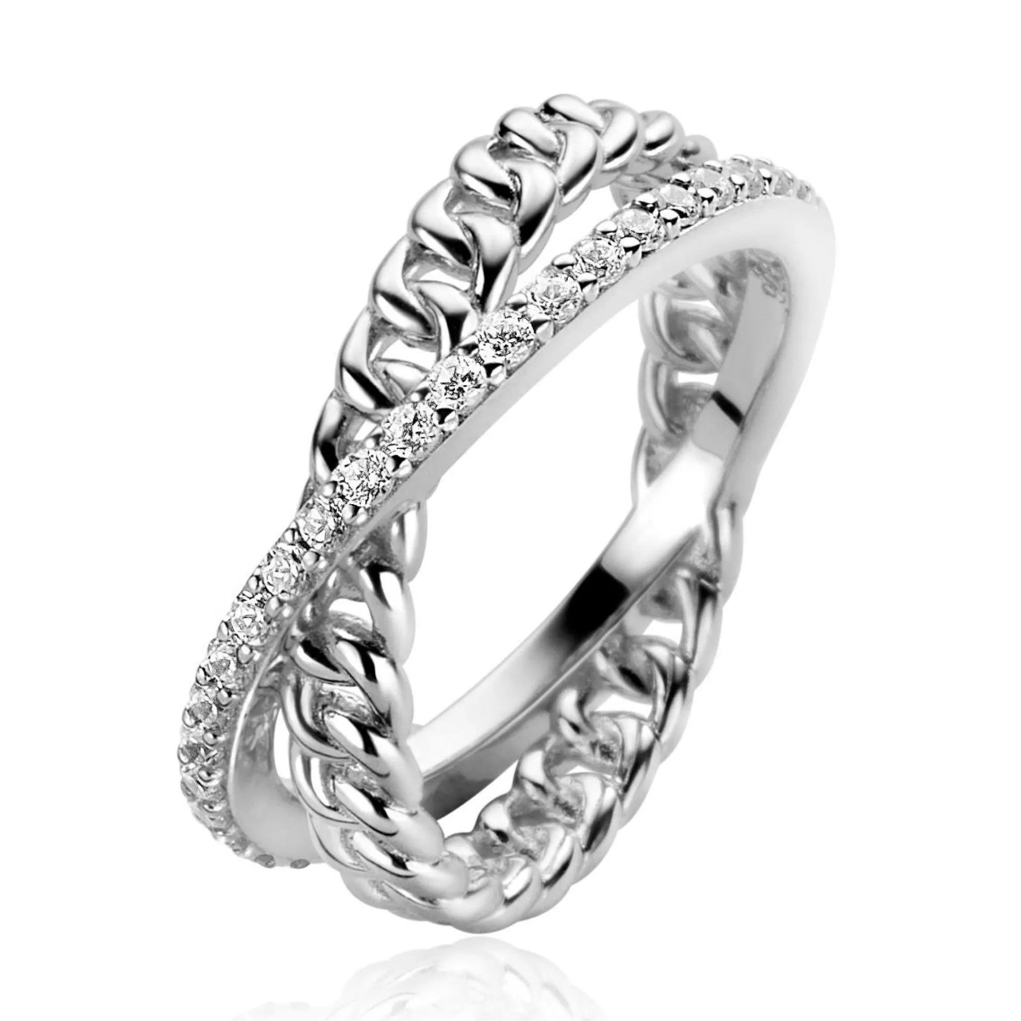 Clearance Zinzi zilveren luxe ring met cross-over design, bezet met witte zirconia's en gourmet schakels ZIR2326