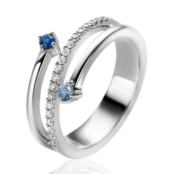 Sale Zinzi zilveren multi-look ring (9mm breed) met 3 rijen, bezet met blauwe kleurstenen en witte zirconia's ZIR2646B