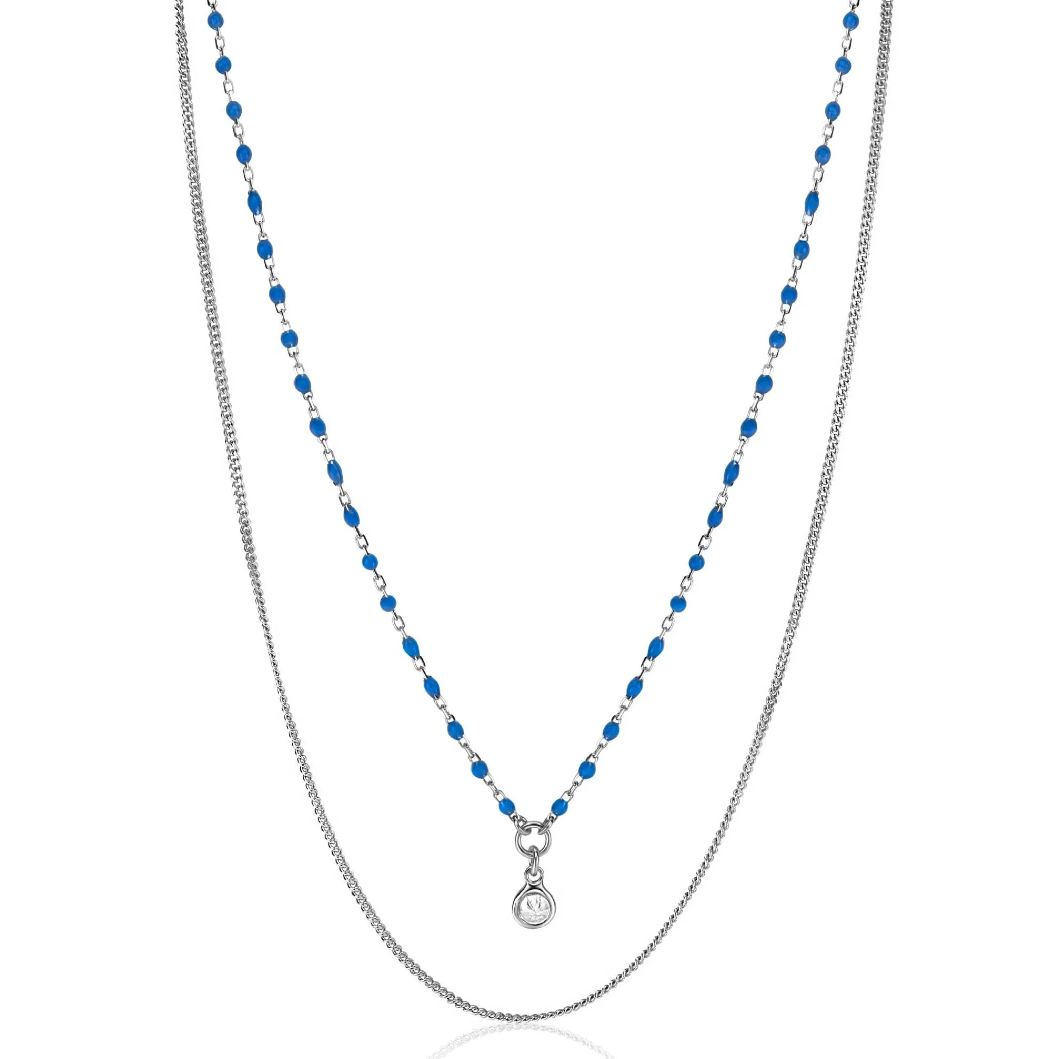 Discount Zinzi zilveren multilook ketting met gourmet en blauwe bolletjes schakels, ronde zetting met witte zirconia 42-45cm ZIC2529