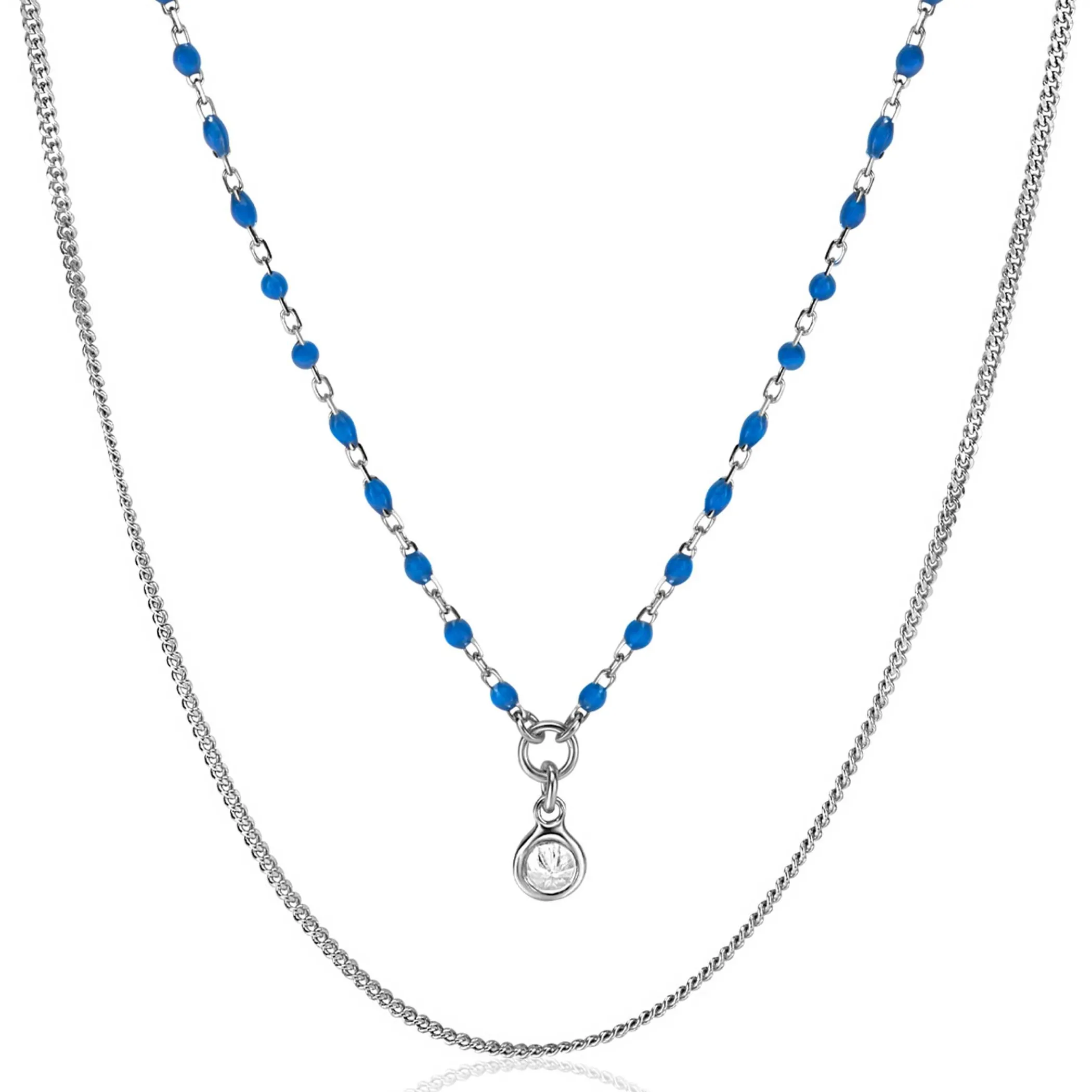 Discount Zinzi zilveren multilook ketting met gourmet en blauwe bolletjes schakels, ronde zetting met witte zirconia 42-45cm ZIC2529