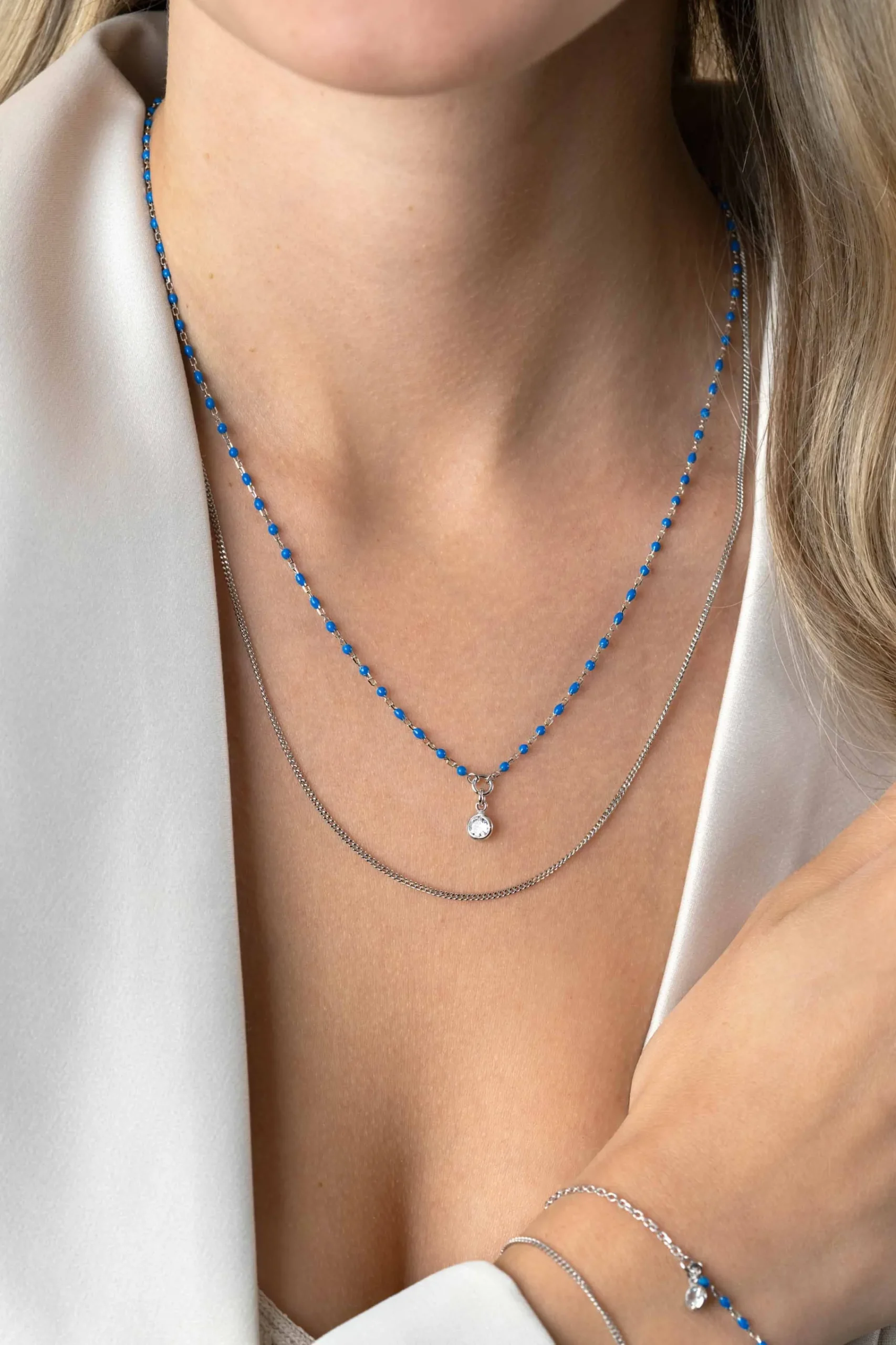 Discount Zinzi zilveren multilook ketting met gourmet en blauwe bolletjes schakels, ronde zetting met witte zirconia 42-45cm ZIC2529