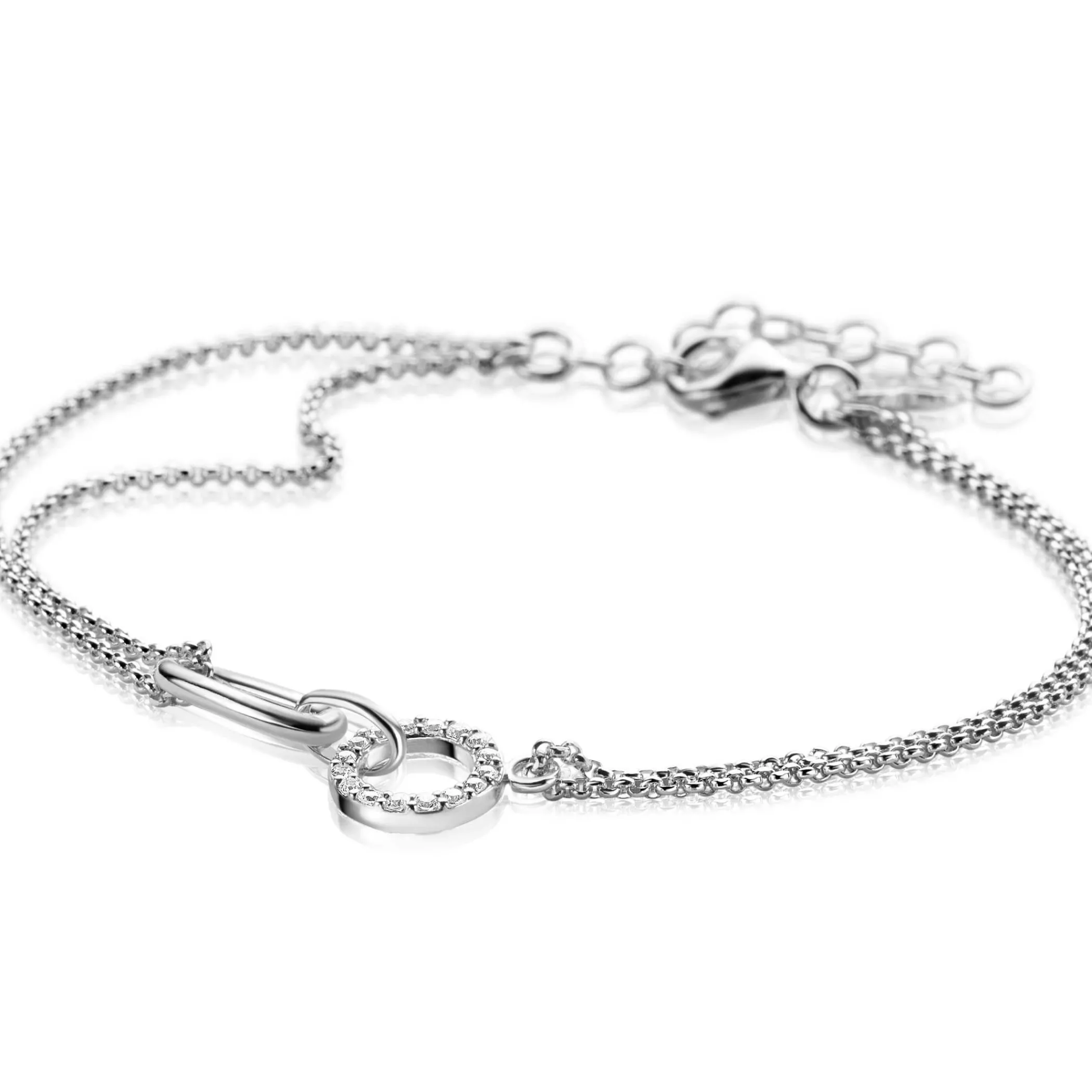 Clearance Zinzi zilveren multi-look armband met twee kettinkjes, verbonden aan een ovale schakel en open rondje bezet met witte zirconia's 17-20cm ZIA2463