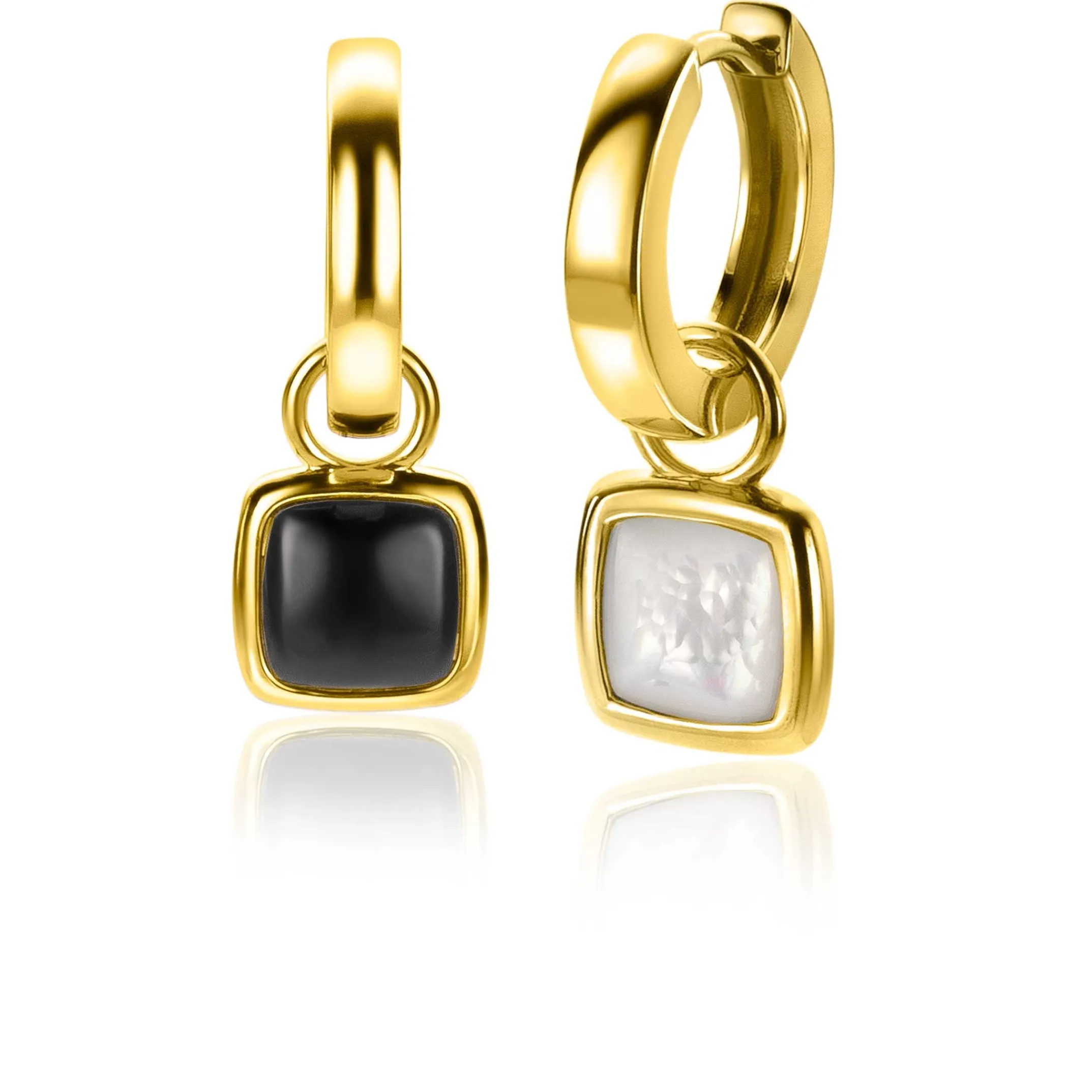 Discount Zinzi zilveren oorbedels extra 14K geel verguld vierkant tweezijdig zwarte onyx en witte parelmoer 10mm ZICH2257G (zonder oorringen)