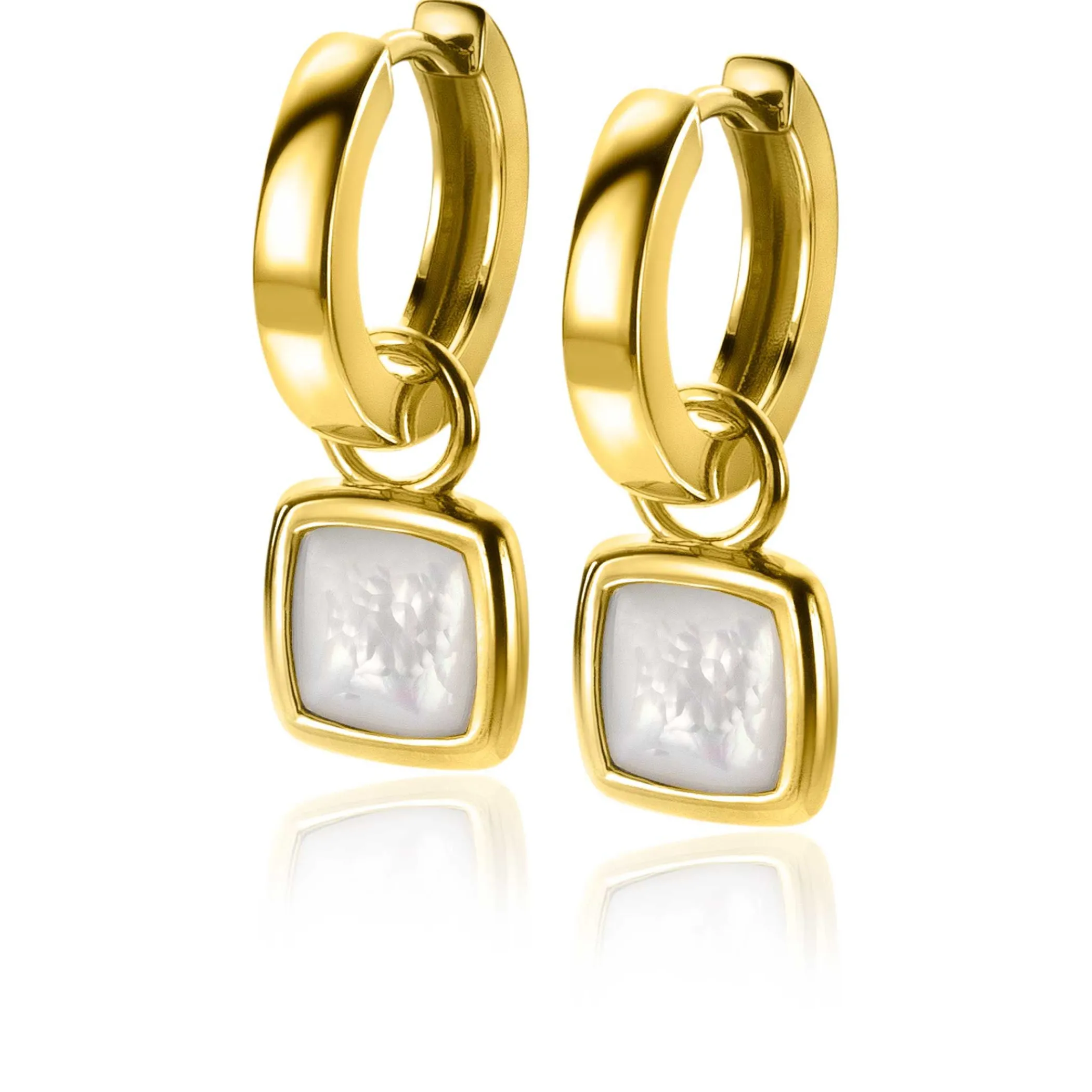 Discount Zinzi zilveren oorbedels extra 14K geel verguld vierkant tweezijdig zwarte onyx en witte parelmoer 10mm ZICH2257G (zonder oorringen)