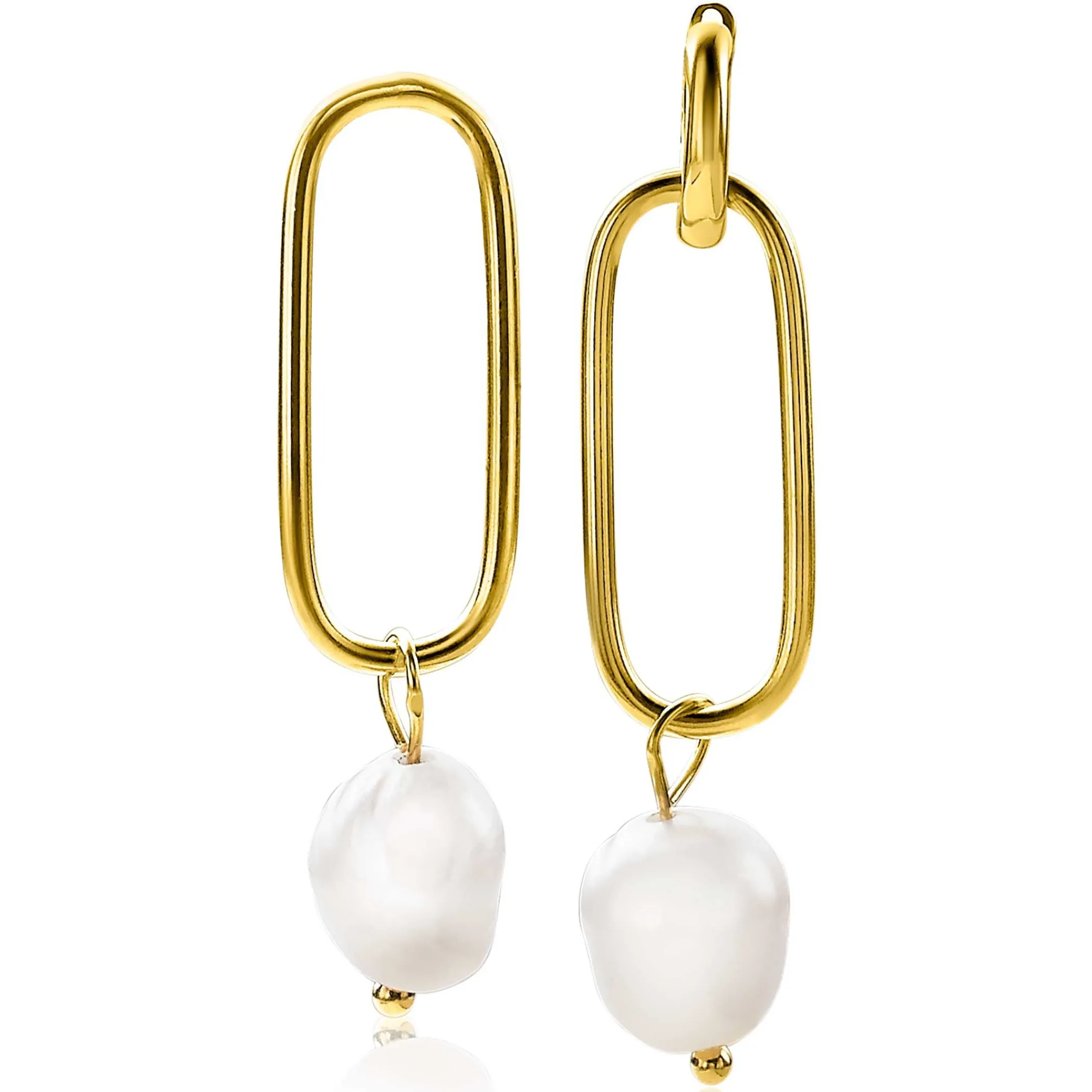 Discount Zinzi zilveren oorbedels 14K geel verguld 43mm ovaal witte parel ZICH2188G (zonder oorringen)