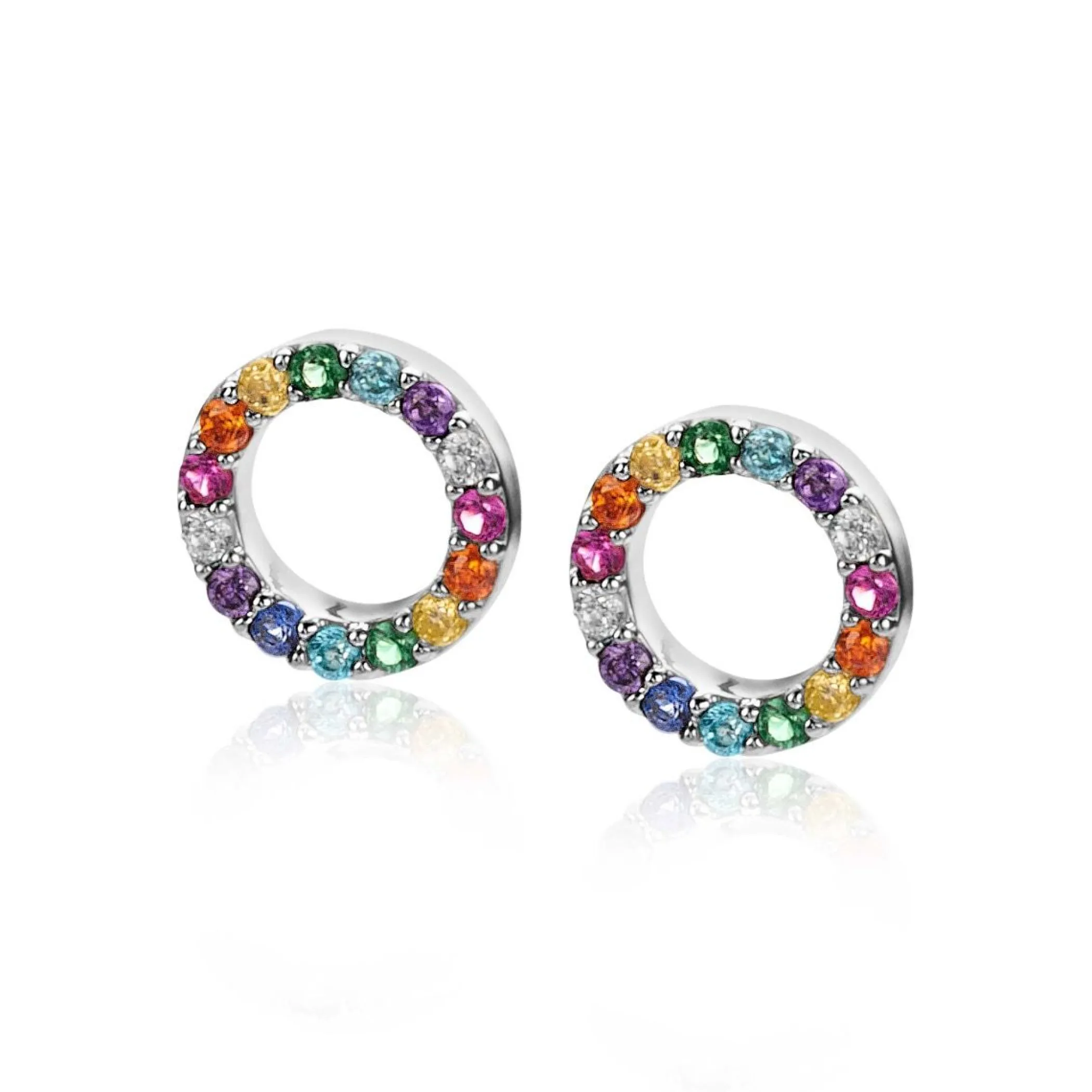 Sale Zinzi zilveren oorbedels rond 8mm bezet regenboog kleuren ZICH2170Z (zonder oorringen)