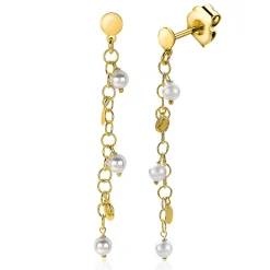 Online Zinzi zilveren oorhangers 50mm 14K geel verguld ronde plaatjes en witte parels ZIO2186G