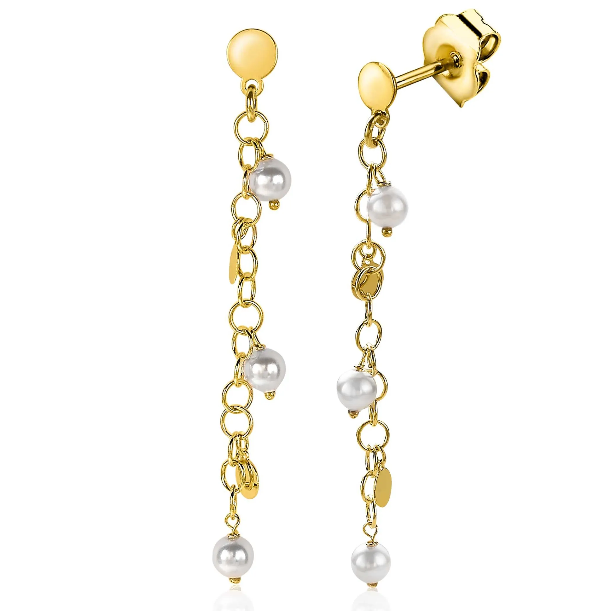 Online Zinzi zilveren oorhangers 50mm 14K geel verguld ronde plaatjes en witte parels ZIO2186G