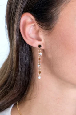 Online Zinzi zilveren oorhangers 50mm 14K geel verguld ronde plaatjes en witte parels ZIO2186G