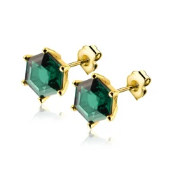 Clearance Zinzi zilveren oorknoppen extra 14K geel verguld zeshoek met groene kleursteen 7mm ZIO2259G