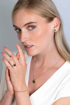 Clearance Zinzi zilveren oorknoppen extra 14K geel verguld zeshoek met groene kleursteen 7mm ZIO2259G