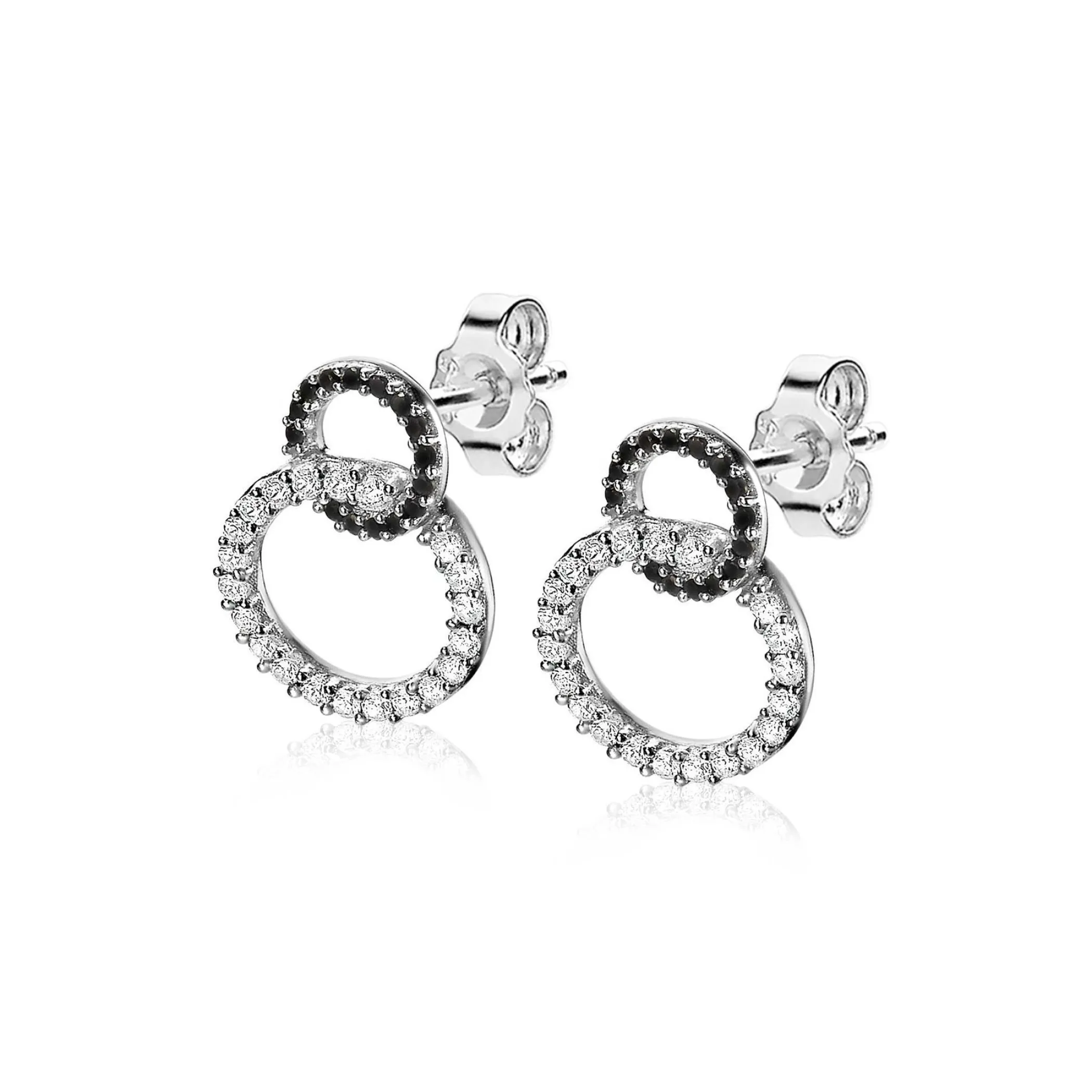 New Zinzi zilveren oorknoppen twee rondjes zwarte en witte zirconia's ZIO1987