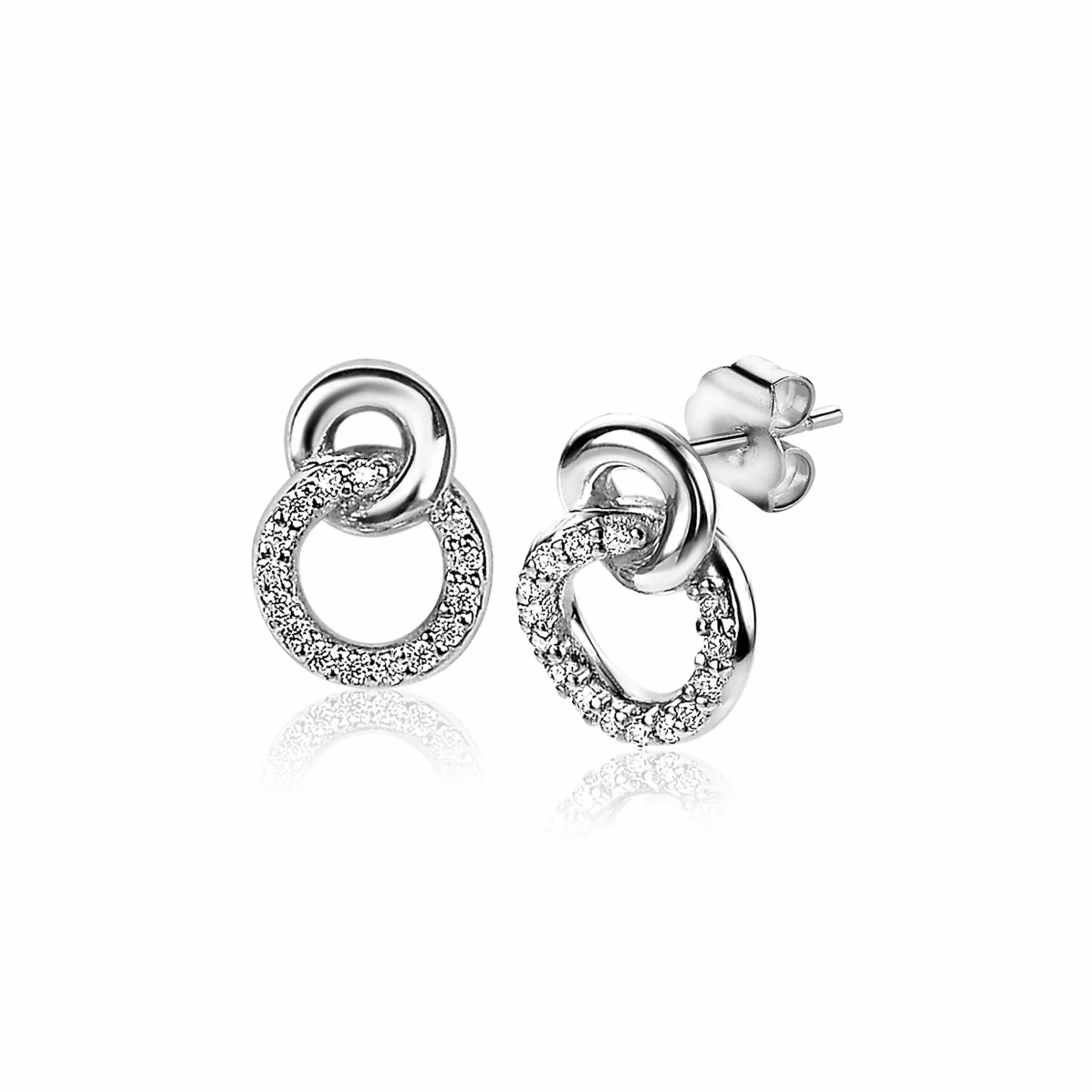 Zinzi zilveren oorknoppen 11mm verbonden rondjes glad en witte zirconia ZIO2045