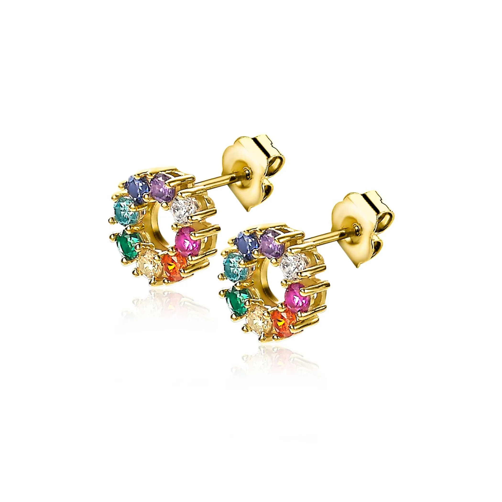 Hot Zinzi zilveren oorknoppen 14K geel verguld 10mm bezet regenboog ZIO2172