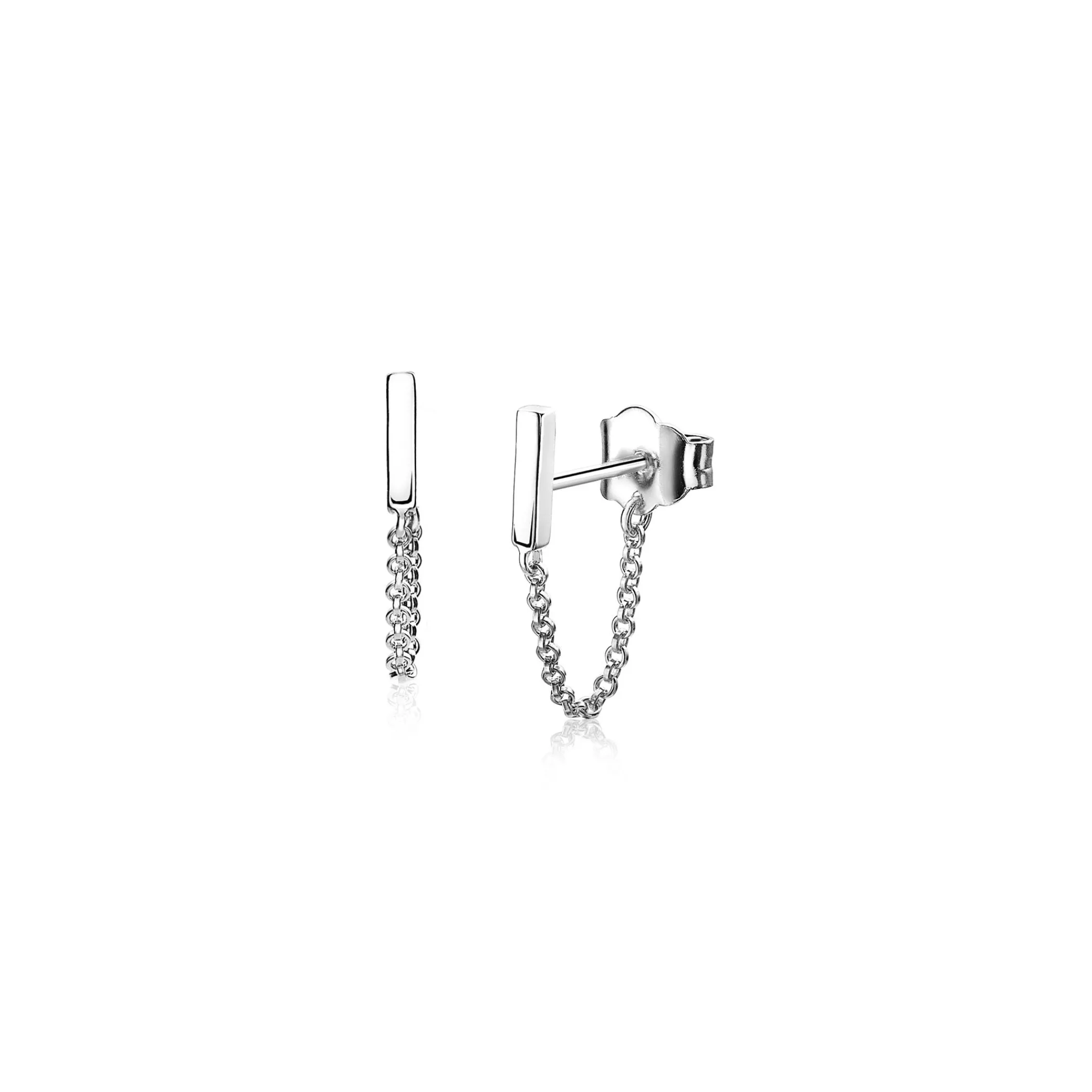 Outlet Zinzi zilveren oorknoppen met ketting staaf ZIO1688