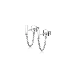 Outlet Zinzi zilveren oorknoppen met ketting staaf ZIO1688