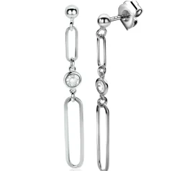 Outlet Zinzi zilveren oorstekers lange paperclip ketting met ronde witte zirconia 49mm ZIO2364