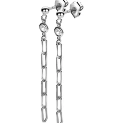 Clearance Zinzi zilveren oorstekers lange paperclip ketting 58mm witte zirconia ZIO2363