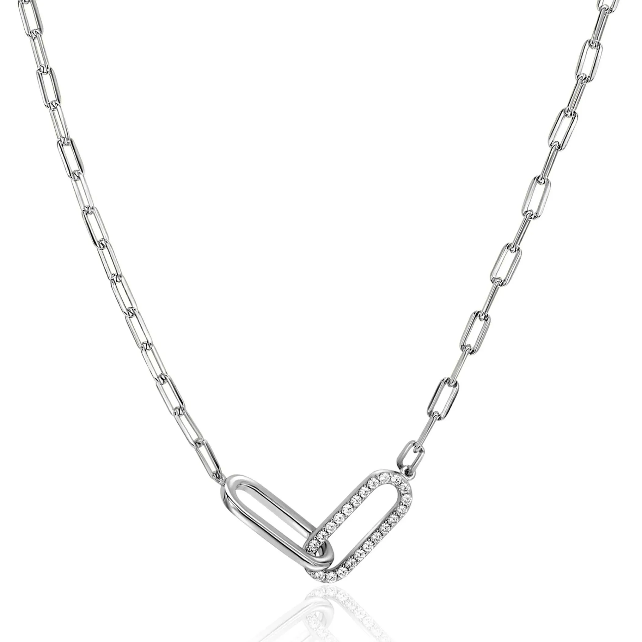 Best Zinzi zilveren paperclip schakelketting met twee verbonden schakels bezet met witte zirkonia's 40-45cm ZIC2690