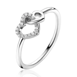 Outlet Zinzi zilveren ring 2 hartjes met elkaar verbonden, 1 hart bezet met witte zirconia's ZIR2493