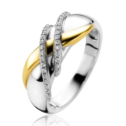 Clearance Zinzi zilveren ring cross-over bicolor met witte zirconia's ZIR2243