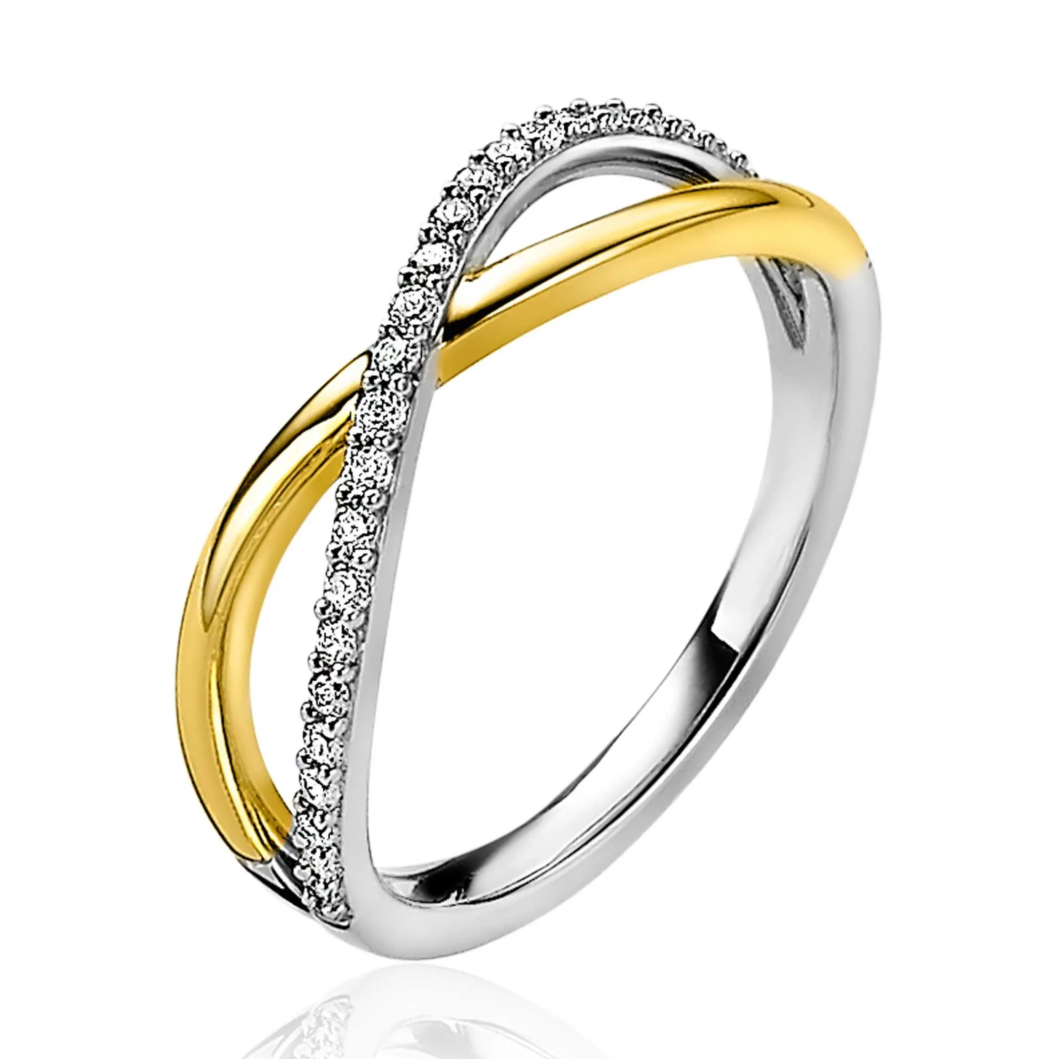 Outlet Zinzi zilveren ring cross-over bicolor bezet met witte zirconia's ZIR2234