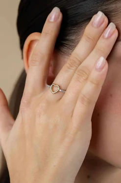 Clearance Zinzi zilveren ring met gold plated open hartje 8mm en witte zirconia's ZIR2566