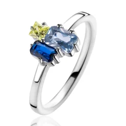 Online Zinzi zilveren ring met rechthoekige zettingen, bezet met licht groene, licht blauwe en saffier blauwe kleurstenen ZIR2496
