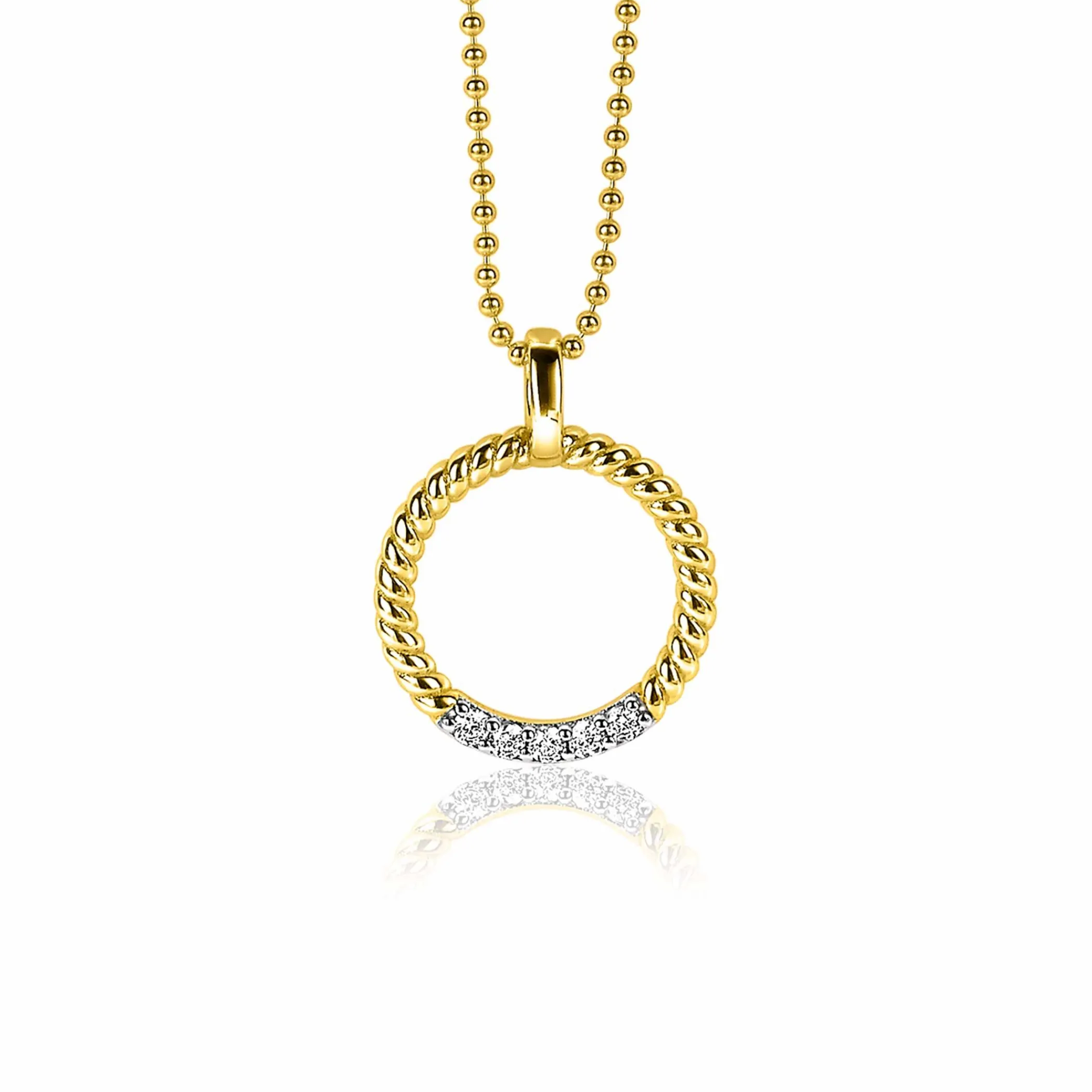 Discount Zinzi zilveren ronde hanger 22mm in geel verguld gedraaid witte zirconia ZIH2128Y (zonder collier)