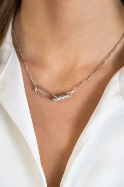 New Zinzi zilveren schakel ketting 45cm met 2 grote ovale schakels, bezet met witte zirconia ZIC2371