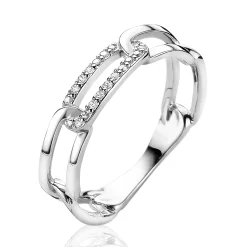 Outlet Zinzi zilveren schakel ring met paperclip schakels witte zirconia's ZIR2116