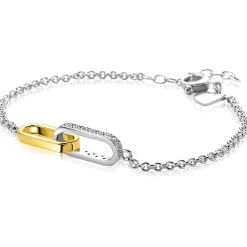 Clearance Zinzi zilveren schakelarmband met twee verbonden ovale schakels: ene gold plated, ander bezet met witte zirkonia's ZIA2758