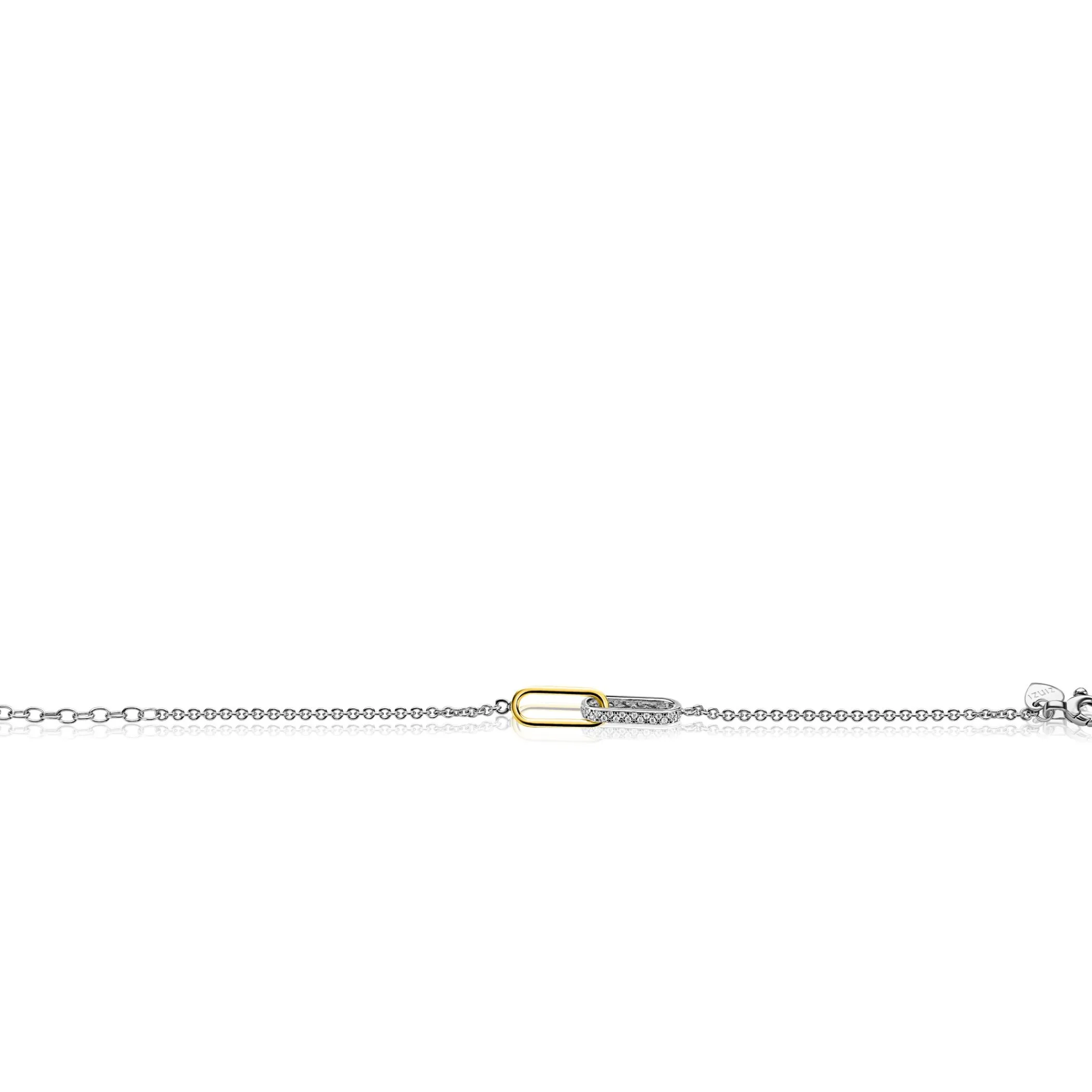Clearance Zinzi zilveren schakelarmband met twee verbonden ovale schakels: ene gold plated, ander bezet met witte zirkonia's ZIA2758